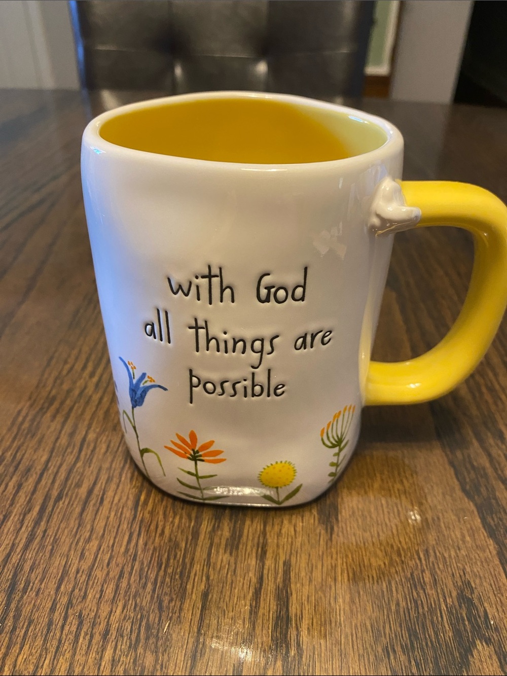 Rae Dunn White Mug with Yellow Interior & Handle, Floral Faith Design